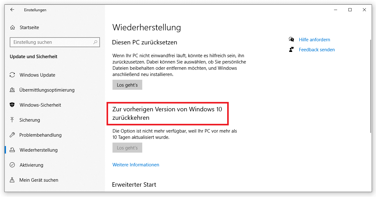 Zur vorherigen Version von Windows 10 zurückkehren