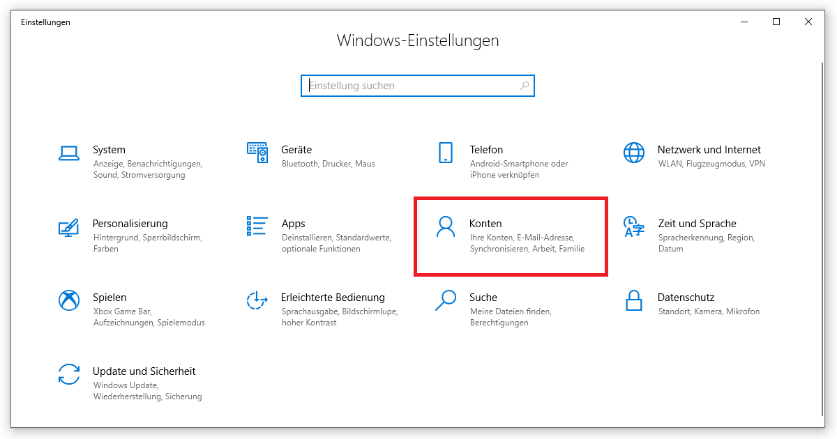 Neben den Systemparametern und dem Datenschutz findest du deine Konten