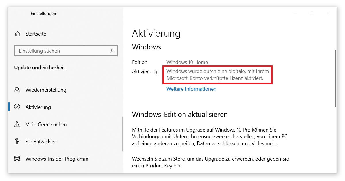 Upgrade Windows 10 Home auf Windows 10 Pro Guide 